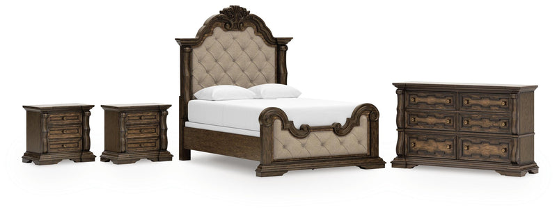 Maylee Queen Upholstered Bed, Dresser and 2 Nightstands in Dark Brown - PKG017034