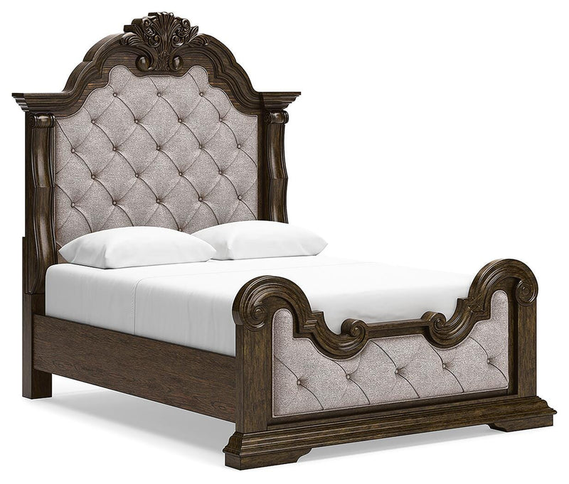Maylee Queen Upholstered Bed, Dresser and 2 Nightstands in Dark Brown - PKG017034