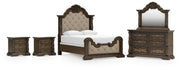 Maylee Queen Upholstered Bed, Dresser, Mirror and 2 Nightstands in Dark Brown - PKG017037