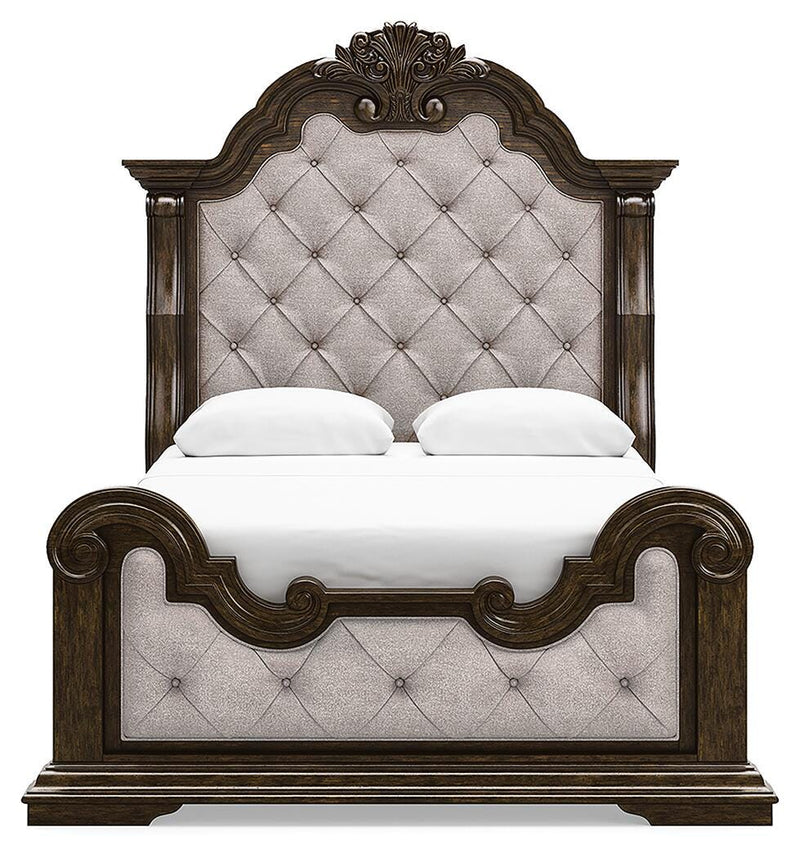 Maylee Queen Upholstered Bed, Dresser, Mirror and Chest in Dark Brown - PKG017040