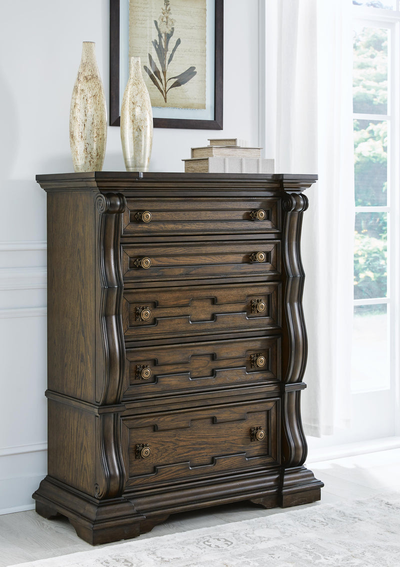 Maylee Queen Upholstered Bed, Dresser, Mirror and Chest in Dark Brown - PKG017040
