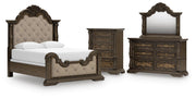 Maylee Queen Upholstered Bed, Dresser, Mirror and Chest in Dark Brown - PKG017040