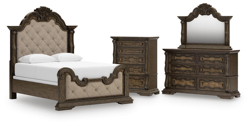 Maylee Queen Upholstered Bed, Dresser, Mirror and Chest in Dark Brown - PKG017040