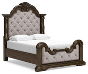 Maylee Queen Upholstered Bed, Dresser, Mirror, Chest and Nightstand in Dark Brown - PKG017041