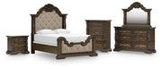 Maylee Queen Upholstered Bed, Dresser, Mirror, Chest and Nightstand in Dark Brown - PKG017041