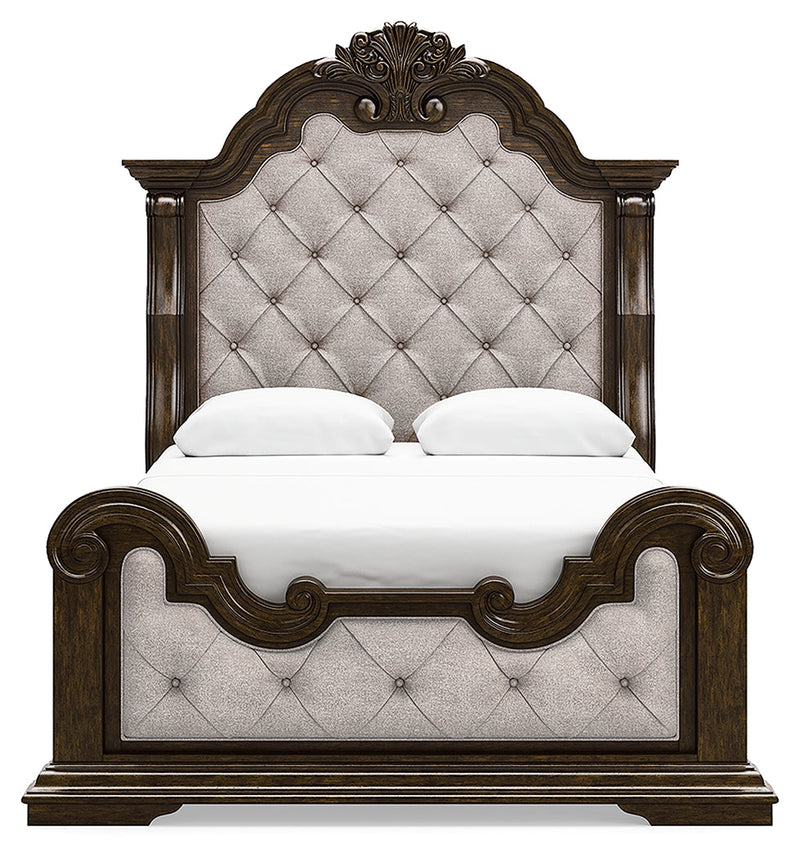 Maylee Queen Upholstered Bed with 2 Nightstands in Dark Brown - PKG017035