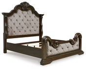 Maylee Queen Upholstered Bed with Mirrored Dresser in Dark Brown - PKG017036