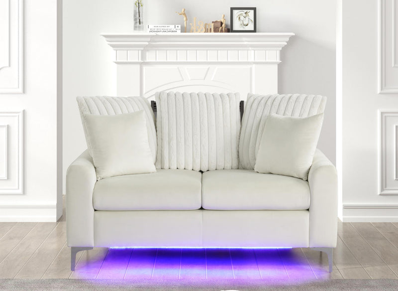 Melina - Beige Fabric Loveseat, Channel Tufted back Pillow, Chromee Legs, LED Light - L422-L