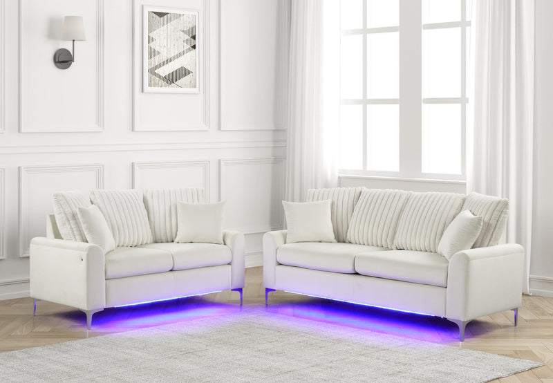 Melina - Beige Fabric Sofa and Loveseat, Channel Tufted back Pillow, Chromee Legs, LED Light - L422-SL
