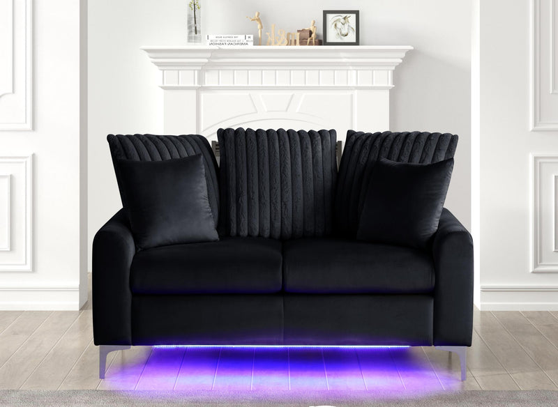 Melina - Black Fabric Loveseat, Channel Tufted back Pillow, Chromee Legs, LED Light - L420-L