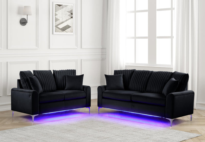 Melina - Black Fabric Sofa and Loveseat, Channel Tufted back Pillow, Chromee Legs, LED Light - L420-SL