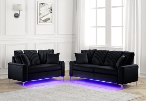 Melina - Black Fabric Sofa and Loveseat, Channel Tufted back Pillow, Chromee Legs, LED Light - L420-SL