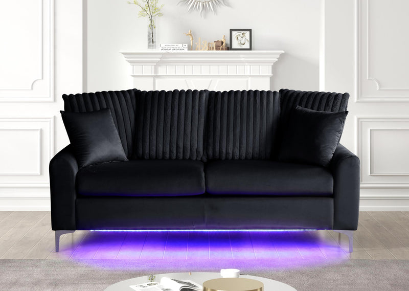 Melina - Black Fabric Sofa, Channel Tufted back Pillow, Chromee Legs, LED Light - L420-S