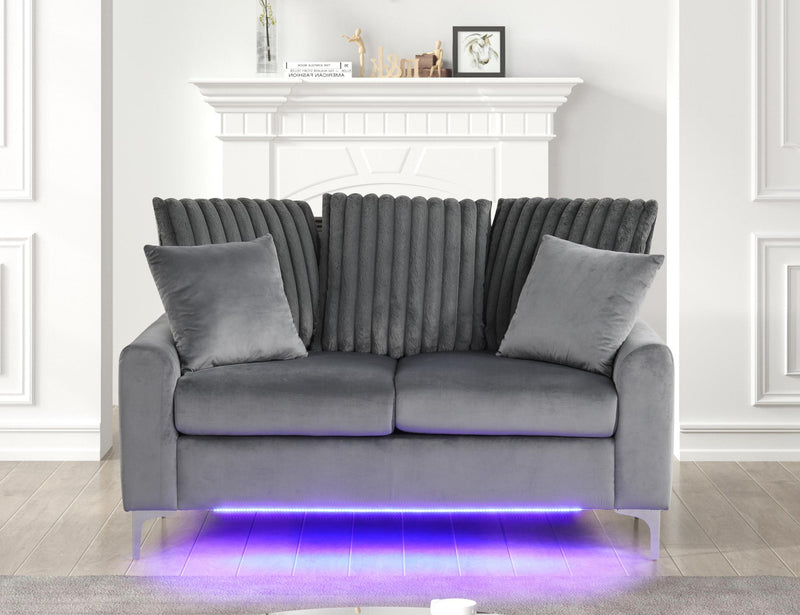 Melina - Gray Fabric Loveseat, Channel Tufted back Pillow, Chromee Legs, LED Light - L421-L