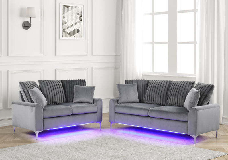 Melina - Gray Fabric Sofa and Loveseat, Channel Tufted back Pillow, Chromee Legs, LED Light - L421-SL
