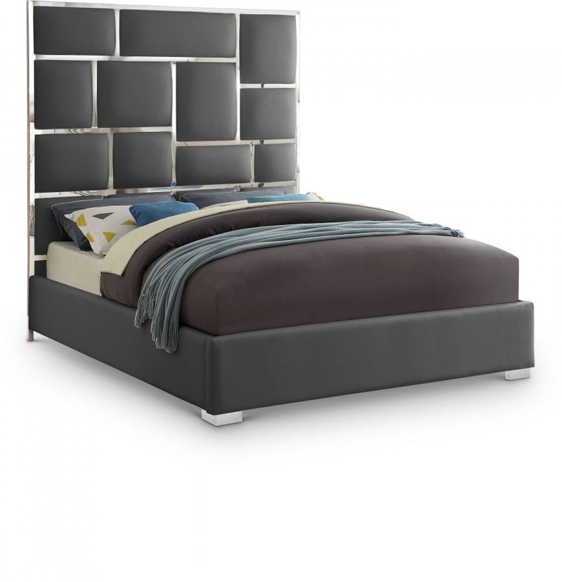 Milan Vegan Leather Queen Bed Grey - Gate FurnitureQueen Bed