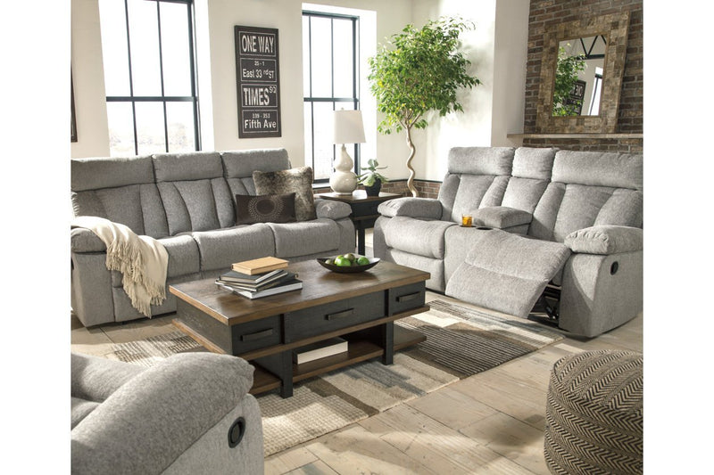 Mitchiner Fog Reclining Loveseat with Console - Gate FurnitureLoveseat