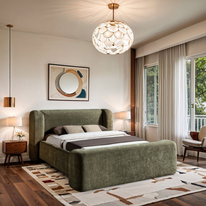 Modena Chenille Fabric Upholstered Full Bed in Green - ModenaGreen-F