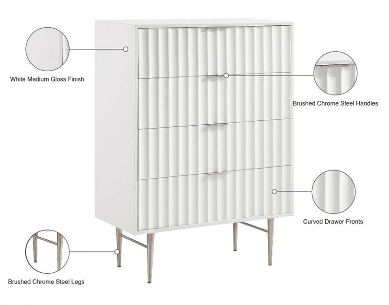 Modernist Wood Veneer And Stainless Steel Base Chest in White - 802White-CH