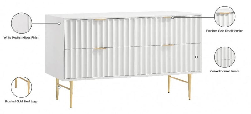 Modernist Wood Veneer And Stainless Steel Base Dresser in White - 801White-D