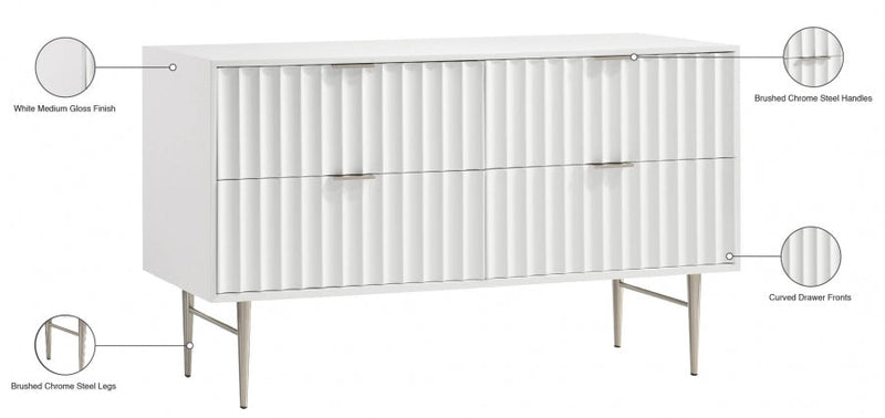 Modernist Wood Veneer And Stainless Steel Base Dresser in White - 802White-D