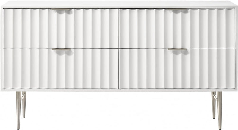Modernist Wood Veneer And Stainless Steel Base Dresser in White - 802White-D