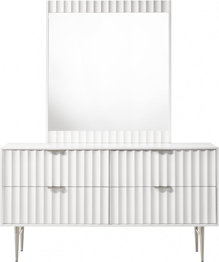 Modernist Wood Veneer And Stainless Steel Base Dresser in White - 802White-D