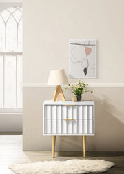 Modernist Wood Veneer And Stainless Steel Base Nightstand in White - 801White-NS