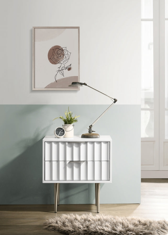 Modernist Wood Veneer And Stainless Steel Base Nightstand in White - 802White-NS
