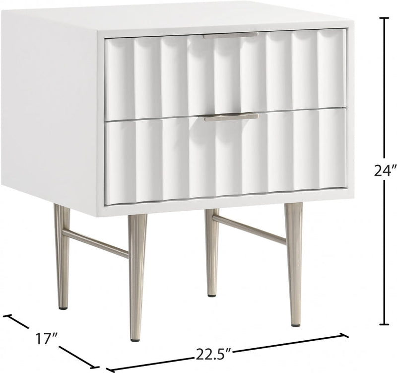 Modernist Wood Veneer And Stainless Steel Base Nightstand in White - 802White-NS