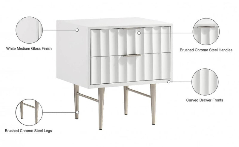 Modernist Wood Veneer And Stainless Steel Base Nightstand in White - 802White-NS