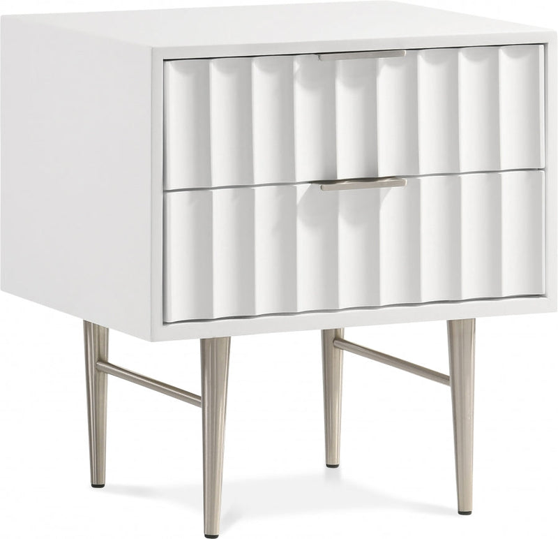 Modernist Wood Veneer And Stainless Steel Base Nightstand in White - 802White-NS