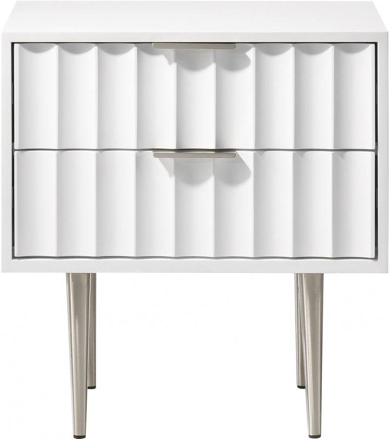 Modernist Wood Veneer And Stainless Steel Base Nightstand in White - 802White-NS