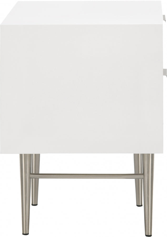 Modernist Wood Veneer And Stainless Steel Base Nightstand in White - 802White-NS
