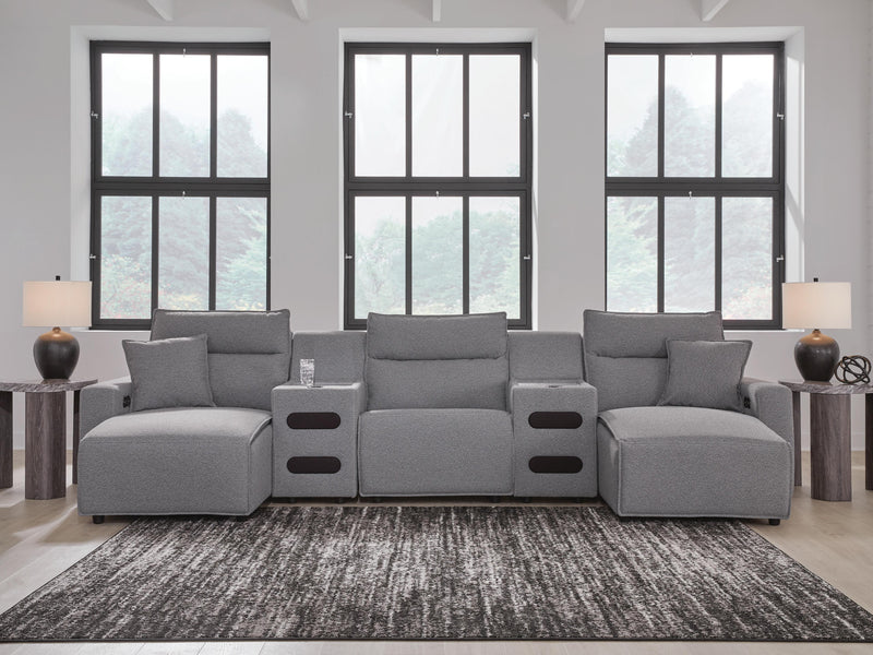 Modmax II Salt and Pepper 5-Piece Power Reclining Sectional with Chaise and Audio Consoles - 65906S15