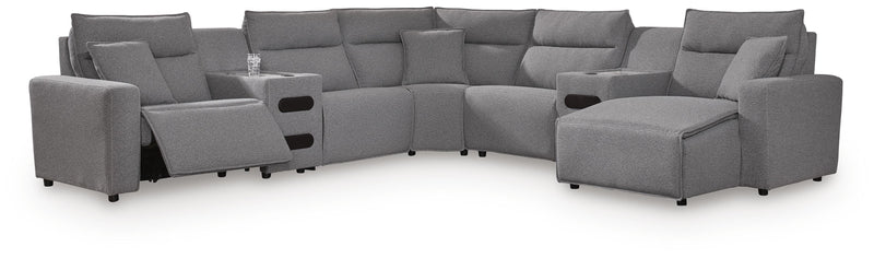 Modmax II Salt and Pepper 7-Piece Power Reclining Sectional with Chaise and Audio Consoles - 65906S7