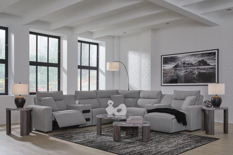 Modmax II Salt and Pepper 7-Piece Power Reclining Sectional with Chaise and Audio Consoles - 65906S7