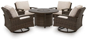 Monterey Point Outdoor Fire Pit Table and 4 Chairs in Dark Brown - PKG024582