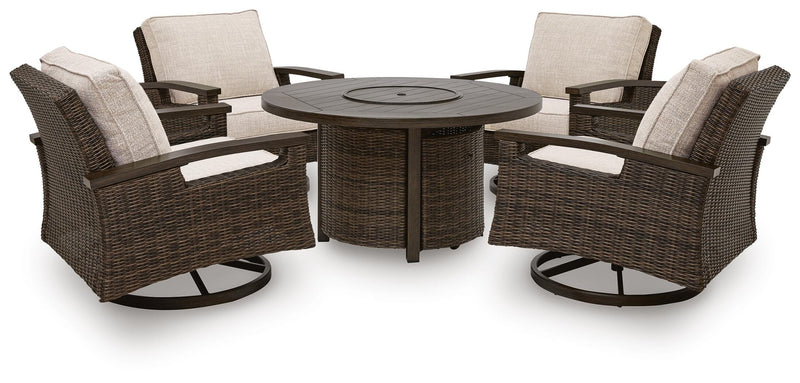 Monterey Point Outdoor Fire Pit Table and 4 Chairs in Dark Brown - PKG024582