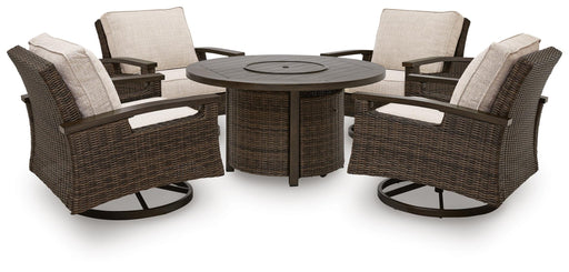Monterey Point Outdoor Fire Pit Table and 4 Chairs in Dark Brown - PKG024582