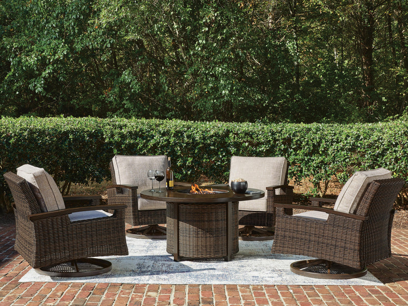 Monterey Point Outdoor Fire Pit Table and 4 Chairs in Dark Brown - PKG024582