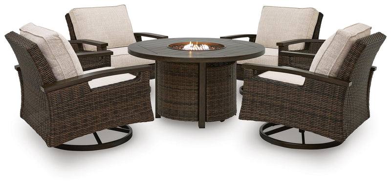 Monterey Point Outdoor Fire Pit Table and 4 Chairs in Dark Brown - PKG024582