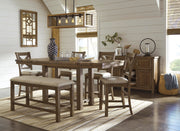 Moriville Grayish Brown Counter Height Dining Table with 4 Barstools, Bench, and Server - D631D4