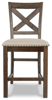 Moriville Grayish Brown Counter Height Dining Table with 4 Barstools, Bench, and Server - D631D4