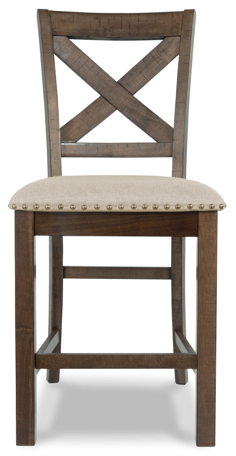 Moriville Grayish Brown Counter Height Dining Table with 4 Barstools, Bench, and Server - D631D4
