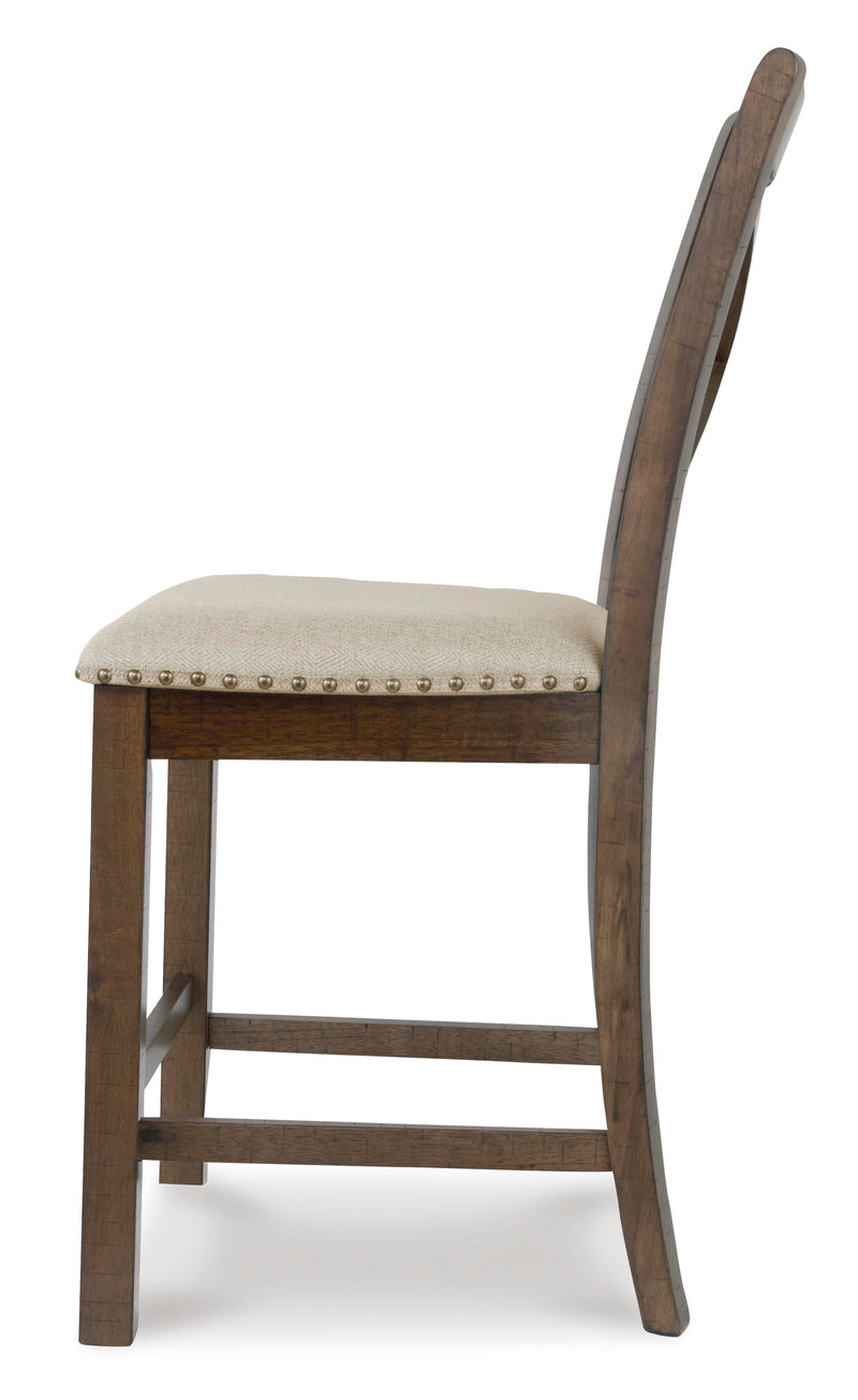 Moriville Grayish Brown Counter Height Dining Table with 4 Barstools, Bench, and Server - D631D4