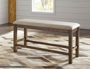 Moriville Grayish Brown Counter Height Dining Table with 4 Barstools, Bench, and Server - D631D4