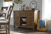 Moriville Grayish Brown Counter Height Dining Table with 4 Barstools, Bench, and Server - D631D4