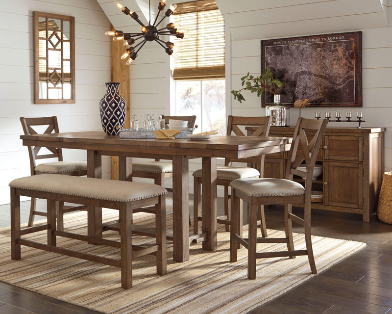 Moriville Grayish Brown Counter Height Dining Table with 4 Barstools, Bench, and Server - D631D4