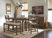 Moriville Grayish Brown Counter Height Dining Table with 4 Barstools, Bench, and Server - D631D4